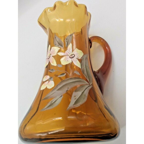Antique Hand Blown Hand Painted Floral Amber Glass Ruffled Pitcher 1890-1900 - Picture 7 of 9